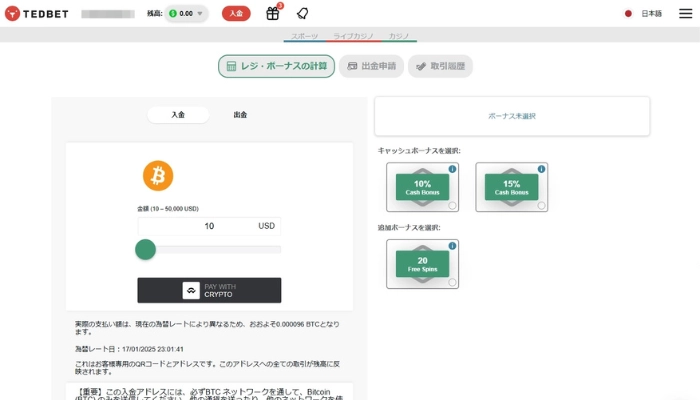 オンラインカジノ入金画面(仮想通貨)