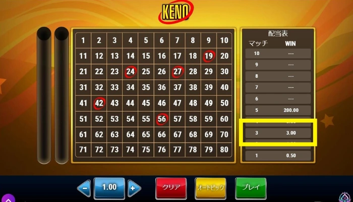 KENOの配当表(数字5個を選択した場合)