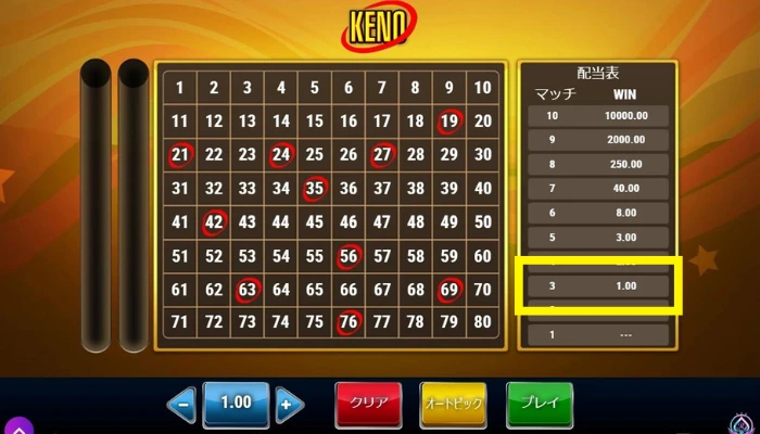 KENOの配当表(数字10個を選択した場合)