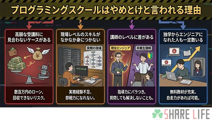 プログラミングスクールはやめとけと言われる理由を表す図解画像